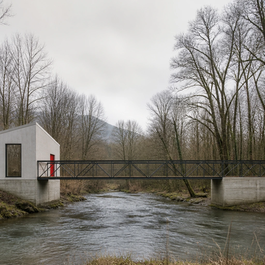 A slender steel footbridge crossing a river between bare trees