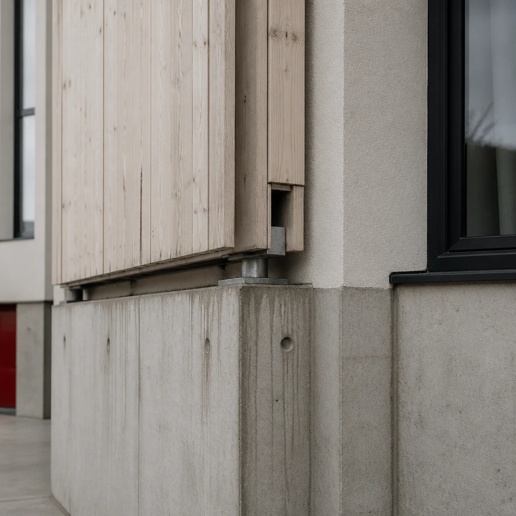 A close view of a timber-to-concrete junction left visible on a facade