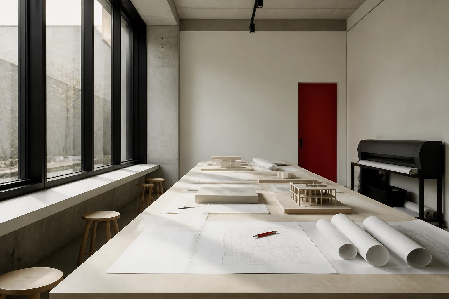 A long studio table under north light with rolled drawings and cardboard models
