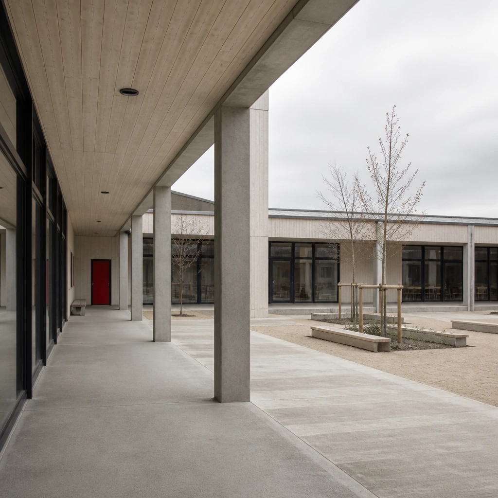A school courtyard with a concrete colonnade and pale timber soffits