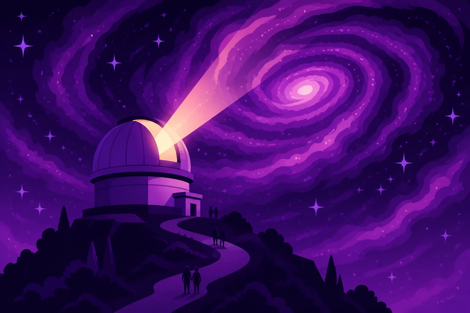 Illustration of the observatory dome on the ridge beneath a star-filled sky