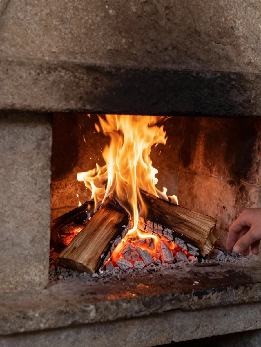A wood-fired hearth burning low in a restaurant kitchen, split oak stacked beside it, glowing coals and warm firelight on stone