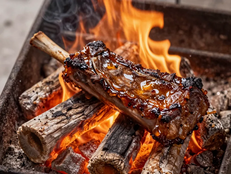 A wood-fired dry-aged rib chop resting over glowing coals, deep amber firelight