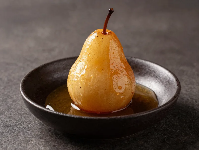 A smoked pear dessert with burnt honey cream on dark ceramic, warm low light