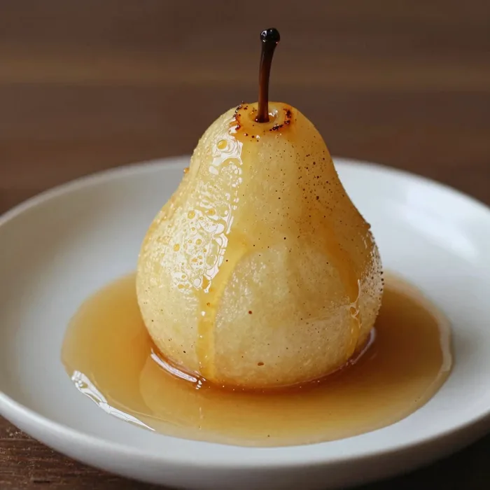 A smoked pear dessert with burnt honey cream, warm low light