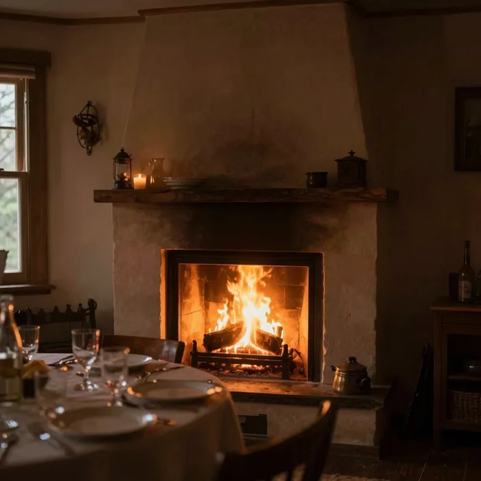 A dim dining room glowing around an open hearth, intimate and warm