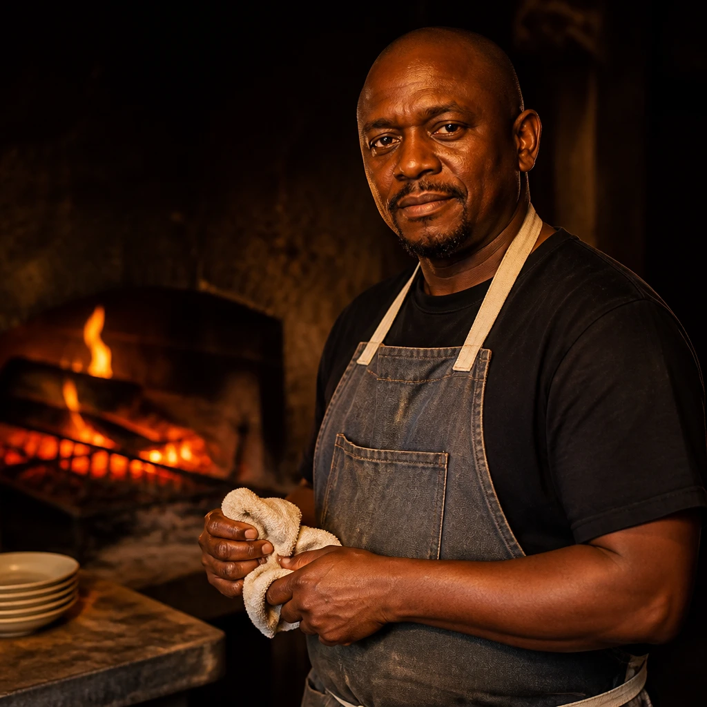 A natural, candid waist-up portrait of a Black man in his forties with a shaved head and a heavy canvas apron, working as a head of hearth, in the open kitchen of a wood-fired restaurant, warm firelight from the hearth behind them