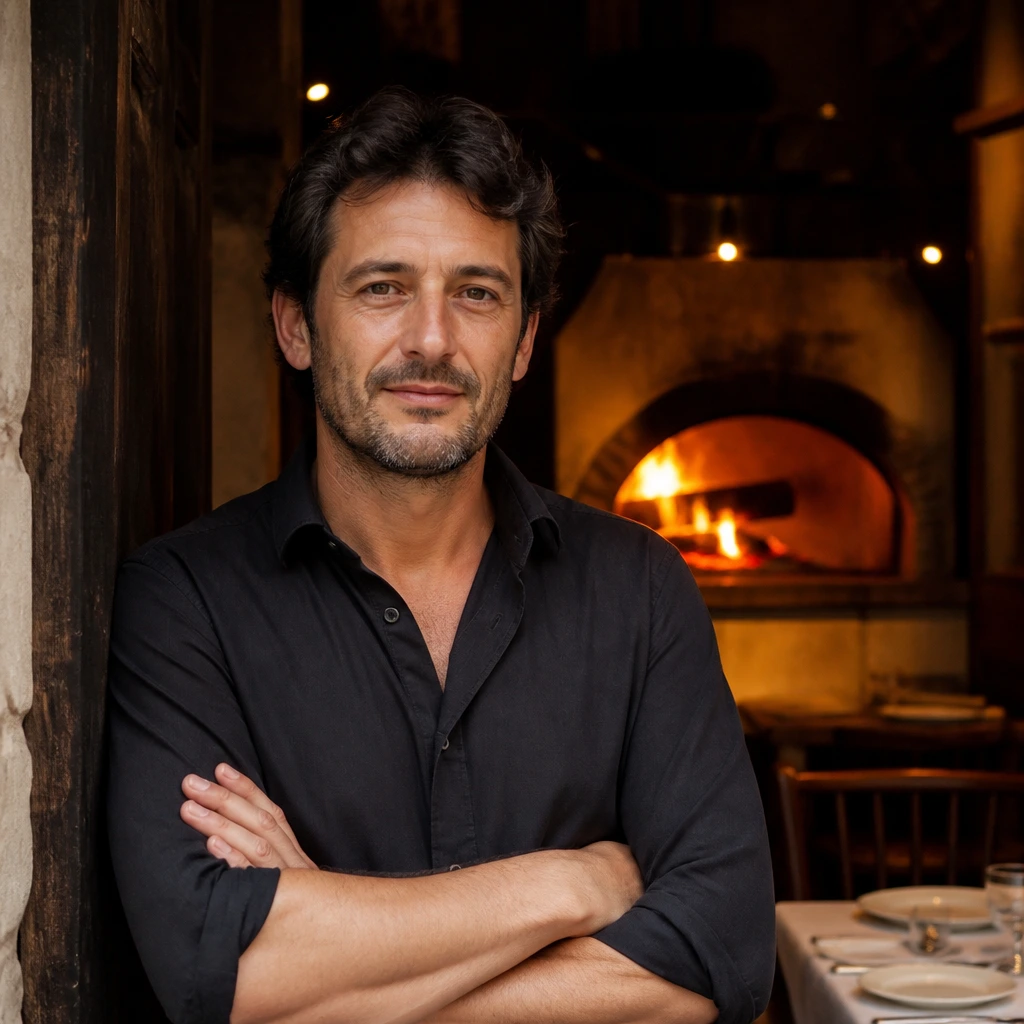 A natural, candid waist-up portrait of a man in his forties in a dark shirt, warm and unhurried, working as a general manager, in the open kitchen of a wood-fired restaurant, warm firelight from the hearth behind them