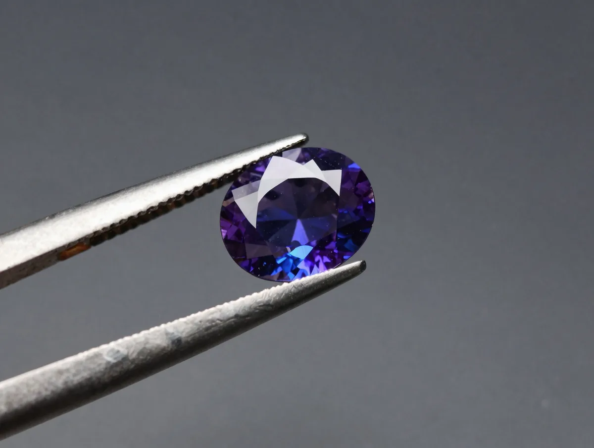 A single brilliant gemstone held in tweezers under jeweller's light, jewel tones