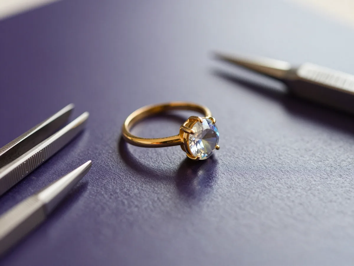 A gold ring with a freshly set gemstone resting on a jeweller's workbench beside fine setting tools, elegant macro