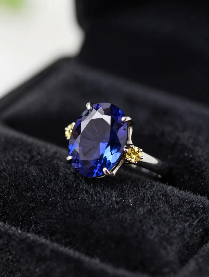 A sapphire solitaire ring on black velvet, jewel-toned reflections, macro
