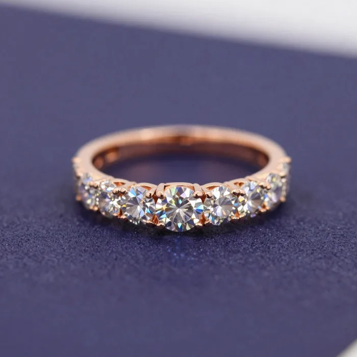 A diamond band in rose gold catching prismatic light