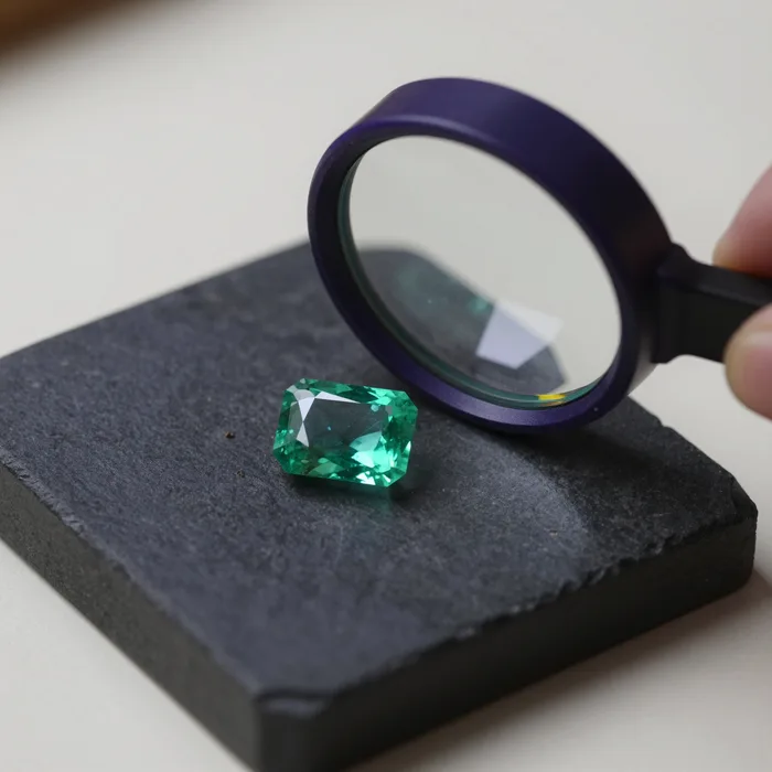 A loose emerald on dark stone under a jeweller's loupe