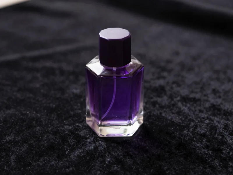 A faceted perfume bottle glowing amethyst on black velvet, luxurious moody product photograph