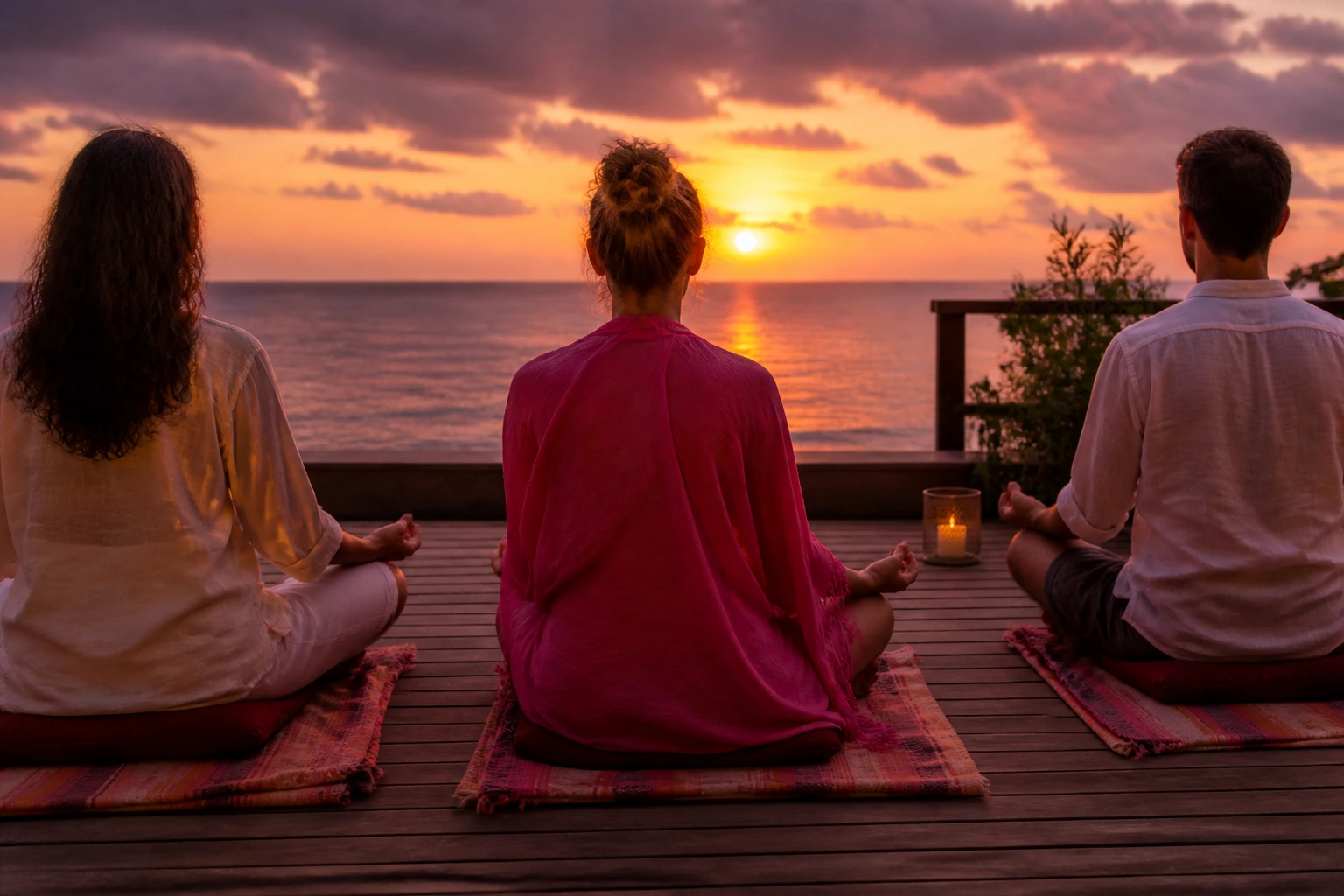 A peaceful sunrise yoga session on a wooden deck facing the ocean, warm dawn glow