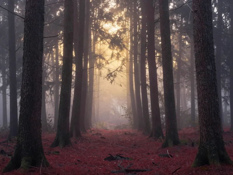 A misty redwood clearing with soft golden light through the trees, calm and meditative