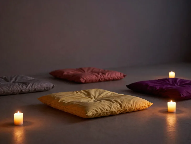 An amber-lit evening meditation space with floor cushions and low candles, warm dusk tones