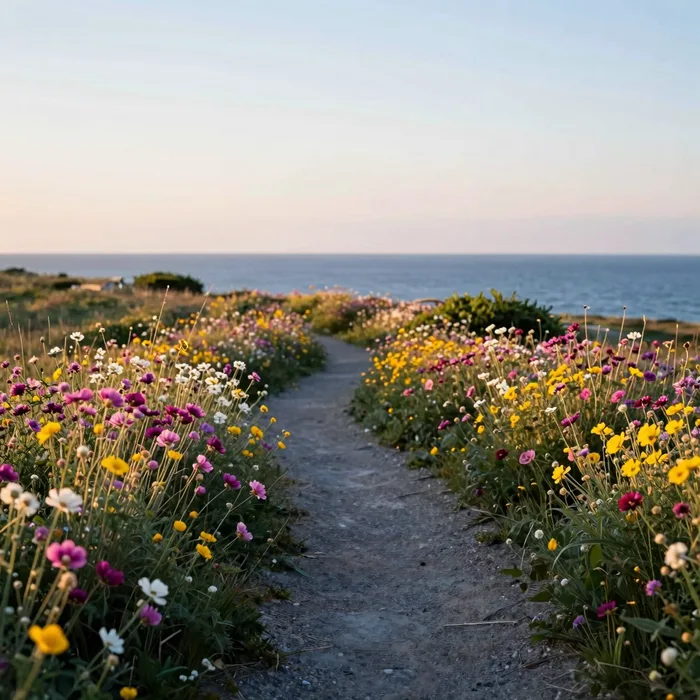 A quiet coastal trail through wildflowers at golden hour