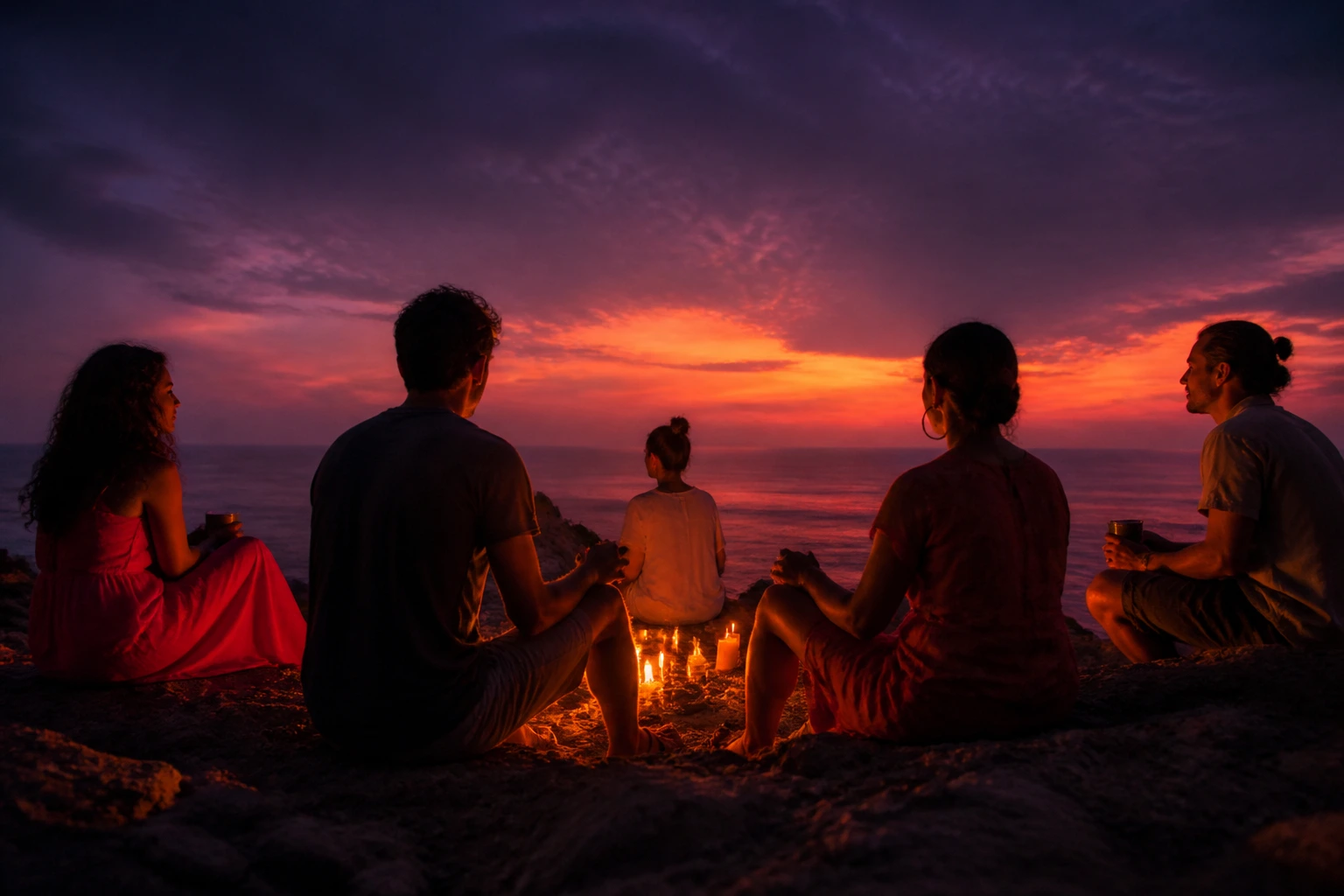 A group meditating on a cliff at sunset, silhouettes against warm sky