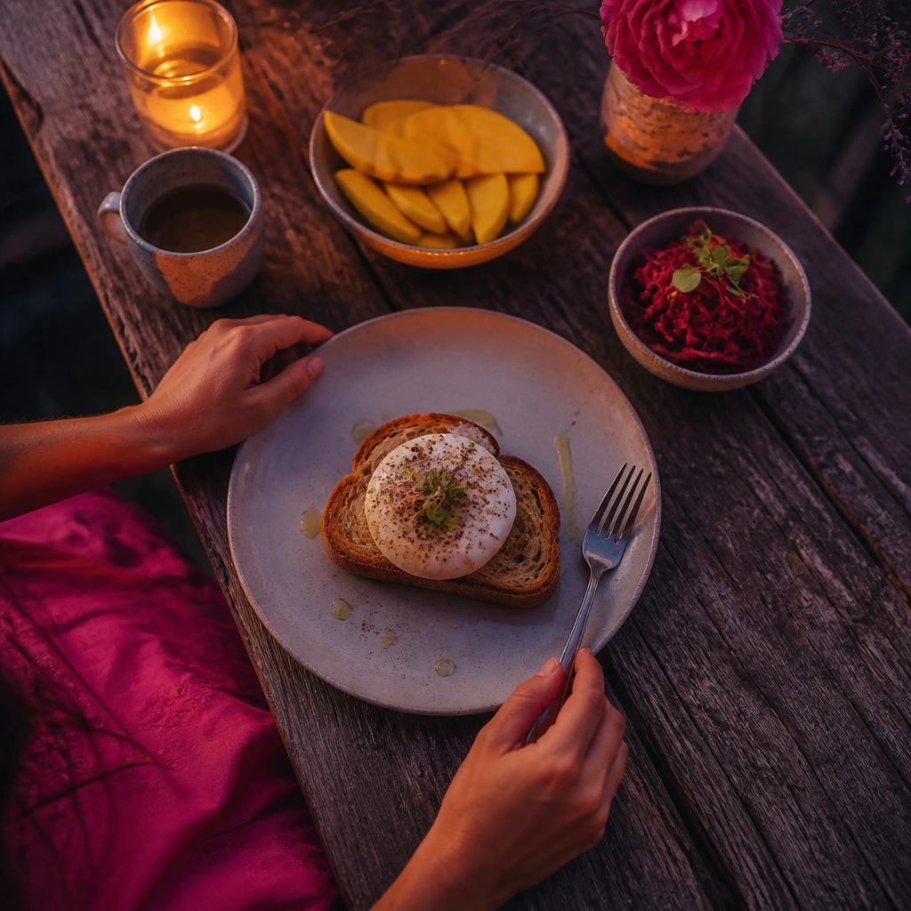 A rustic wooden table set with a colorful plant-based breakfast outdoors