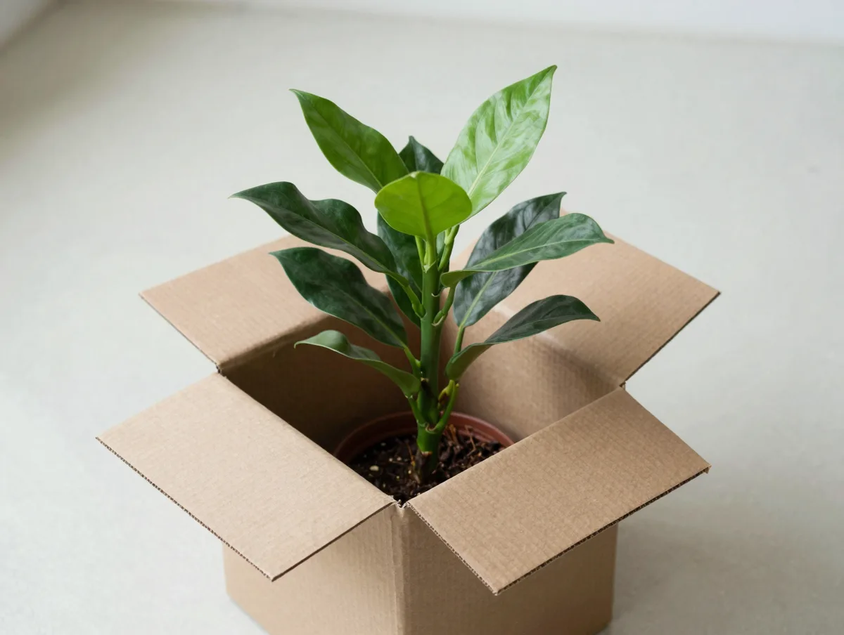 A potted plant standing in an open cardboard delivery box on a pale floor, packing paper folded back around it, fresh green