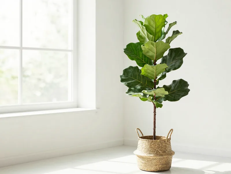 A tall fiddle-leaf fig in a woven basket by a sunlit window, fresh green houseplant photography