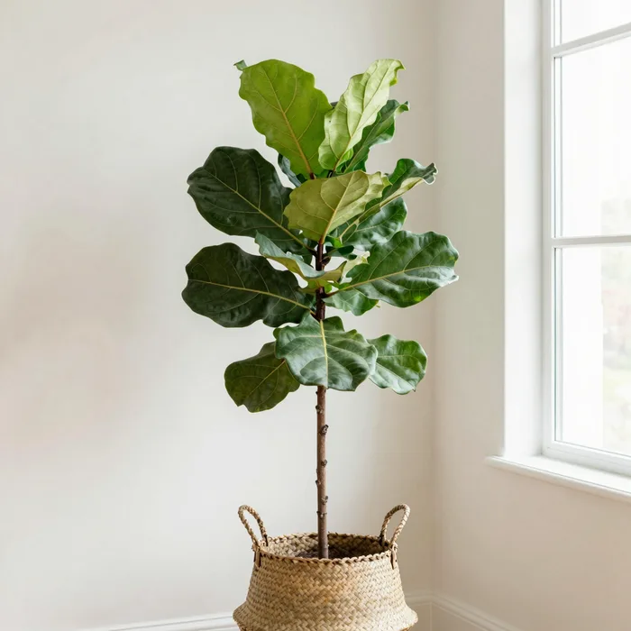 A tall fiddle-leaf fig in a woven basket by a window